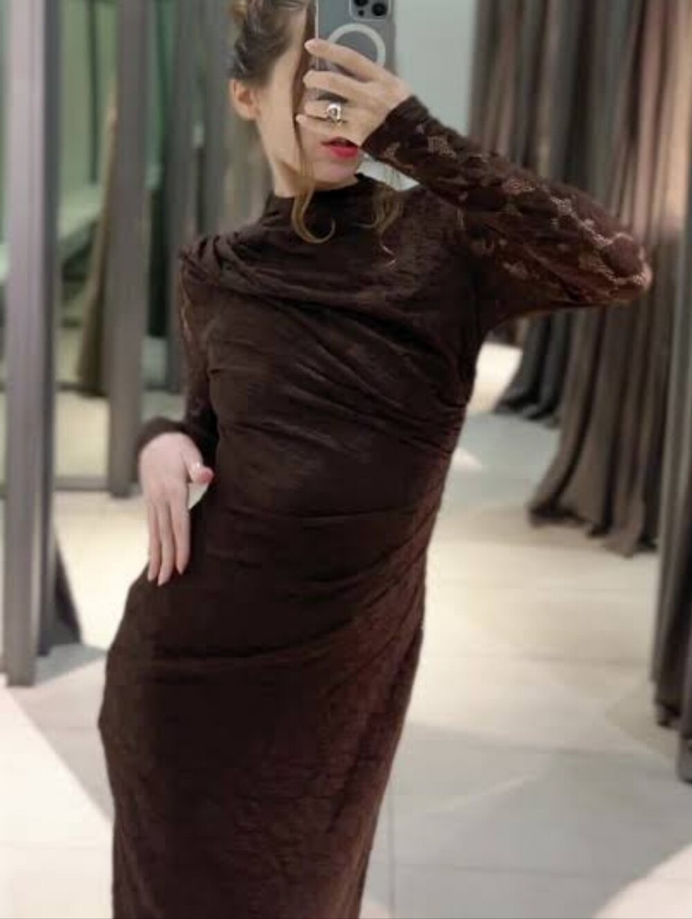 ZARA POINTELLE DRAPED MIDI DRESS - Picture 7 of 9